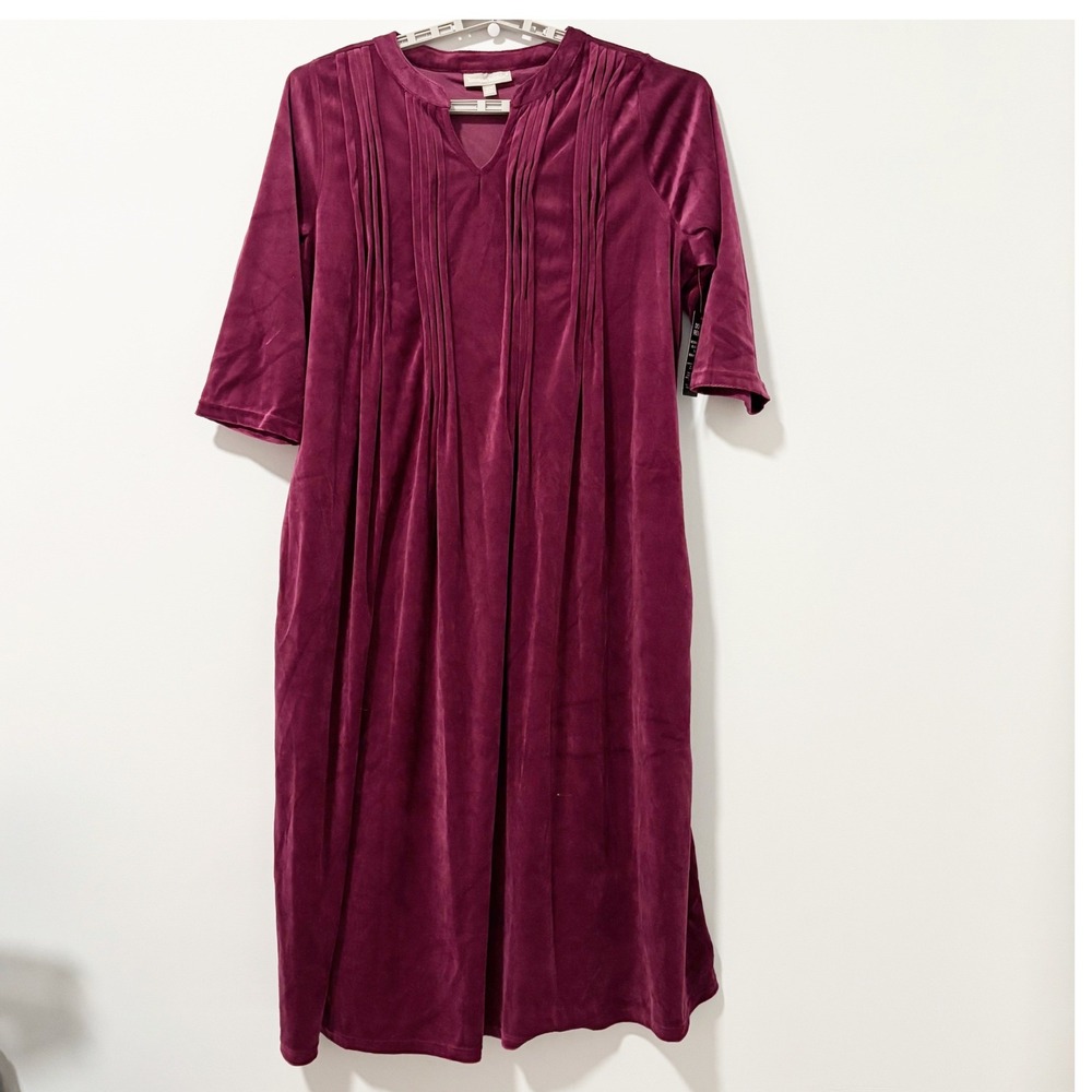 Woman Within Dress Women 22W Burgundy Velour Pintuck Pleat Split Neck Pockets